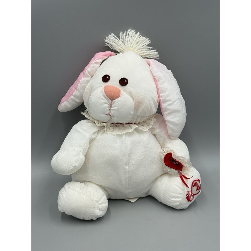 Vintage Fisher Price Puffalump White Bunny W/ Red Heart Flower 10” Faded Tag